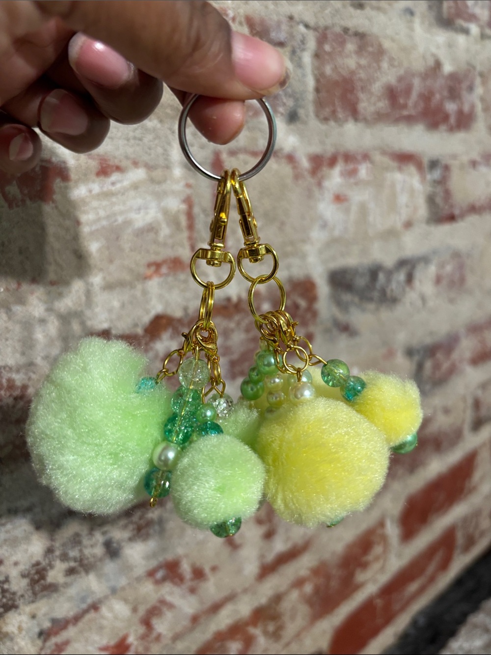 Gold Keyring chunky and bulky Pom Pom Charm - Lime & Lemon